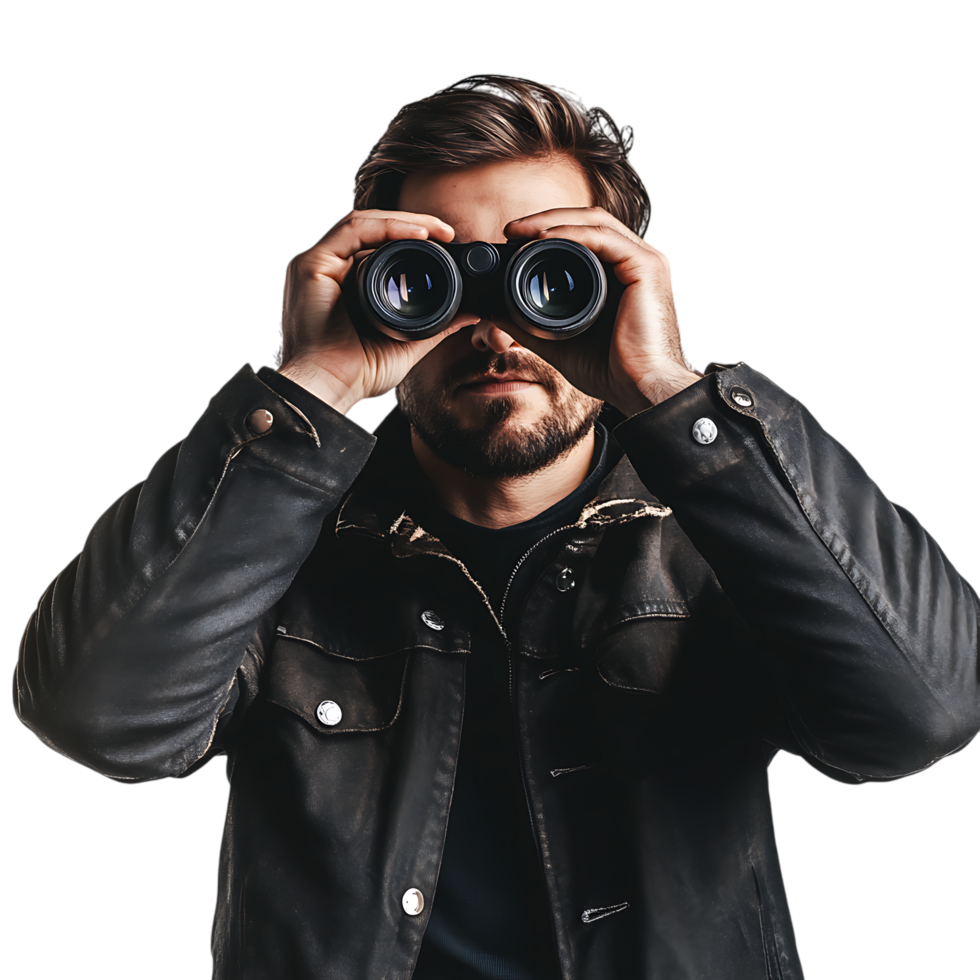 PNG Man Holding Binoculars and Looking Through Against Transparent Background