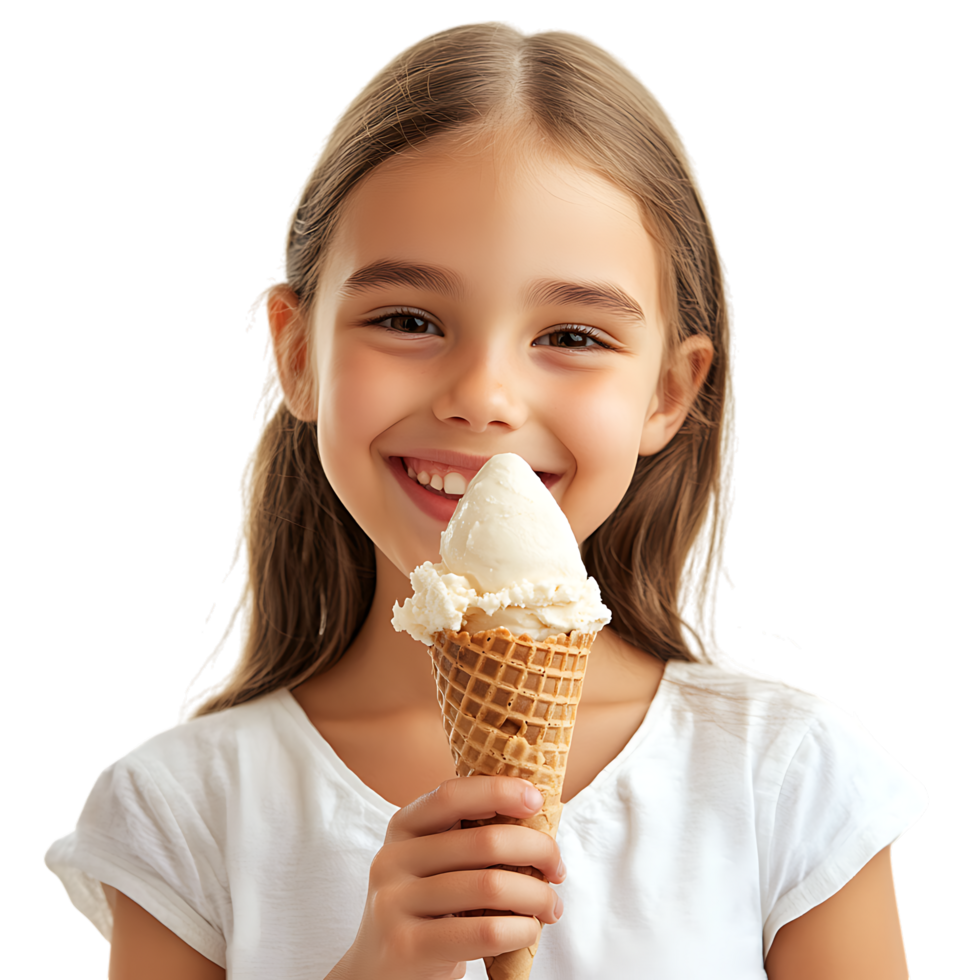 PNG Young Girl Enjoying a Vanilla Ice Cream Cone with a Smile Against Transparent Background for Dessert Branding, Summer Promotions, or Food-Themed Graphics