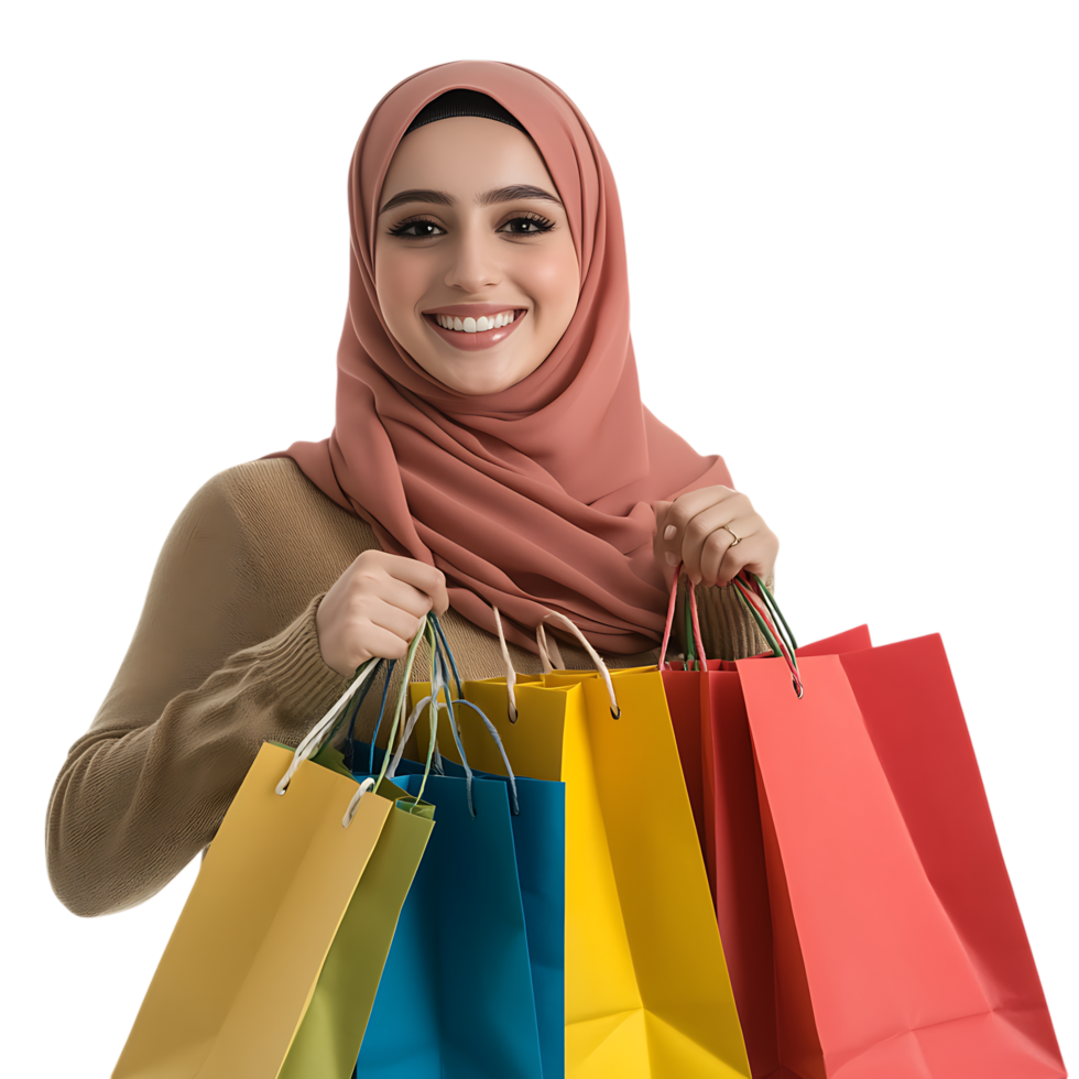 PNG Smiling Woman in Hijab Holding Shopping Bags Joyfully Against Transparent Background