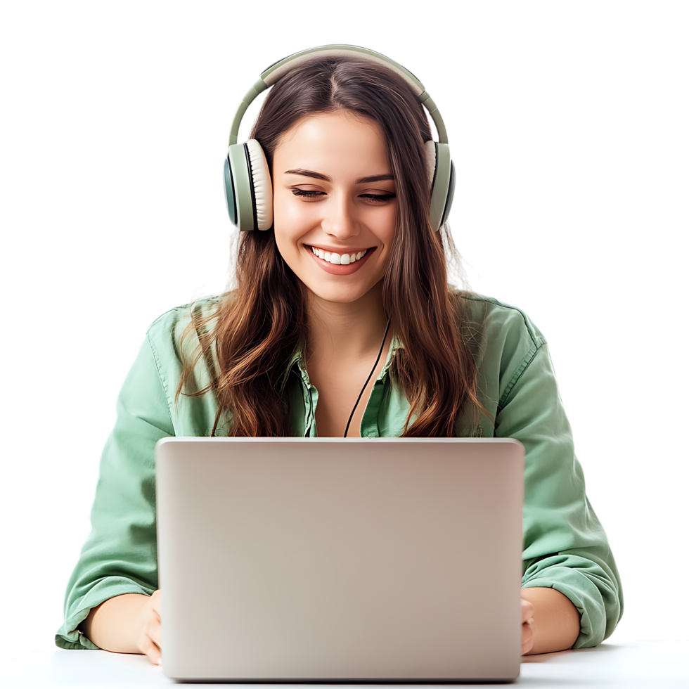PNG Smiling Woman in Green Shirt Working on Laptop with Headphones Against Transparent Background