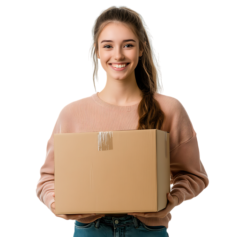 PNG Young Woman Smiling While Holding a Cardboard Box Standing Against Transparent Background for Moving Services Branding, Delivery Promotions, or E-Commerce Graphics