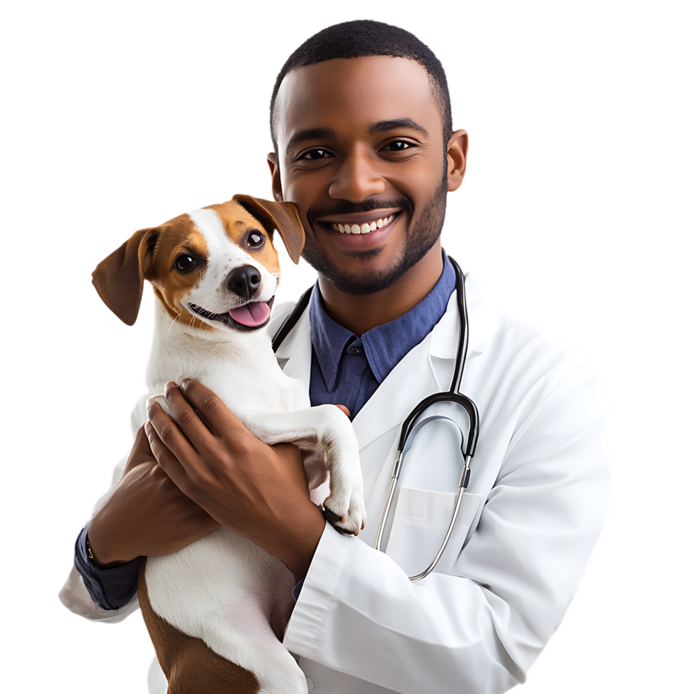 PNG Smiling Veterinarian Holding a Cute Dog Against Transparent Background