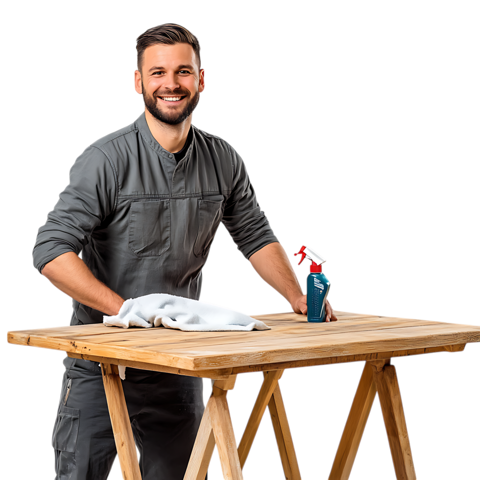 PNG Smiling Man Cleaning Wooden Table with Spray and Cloth Against Transparent Background