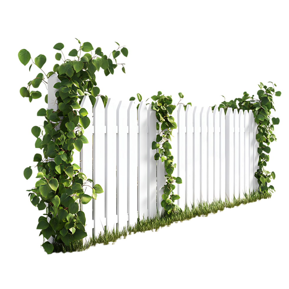 PNG White Picket Fence with Lush Greenery A Perfect Garden Scene Against Transparent Background for Landscaping, Home Decor, or Countryside-Themed Designs