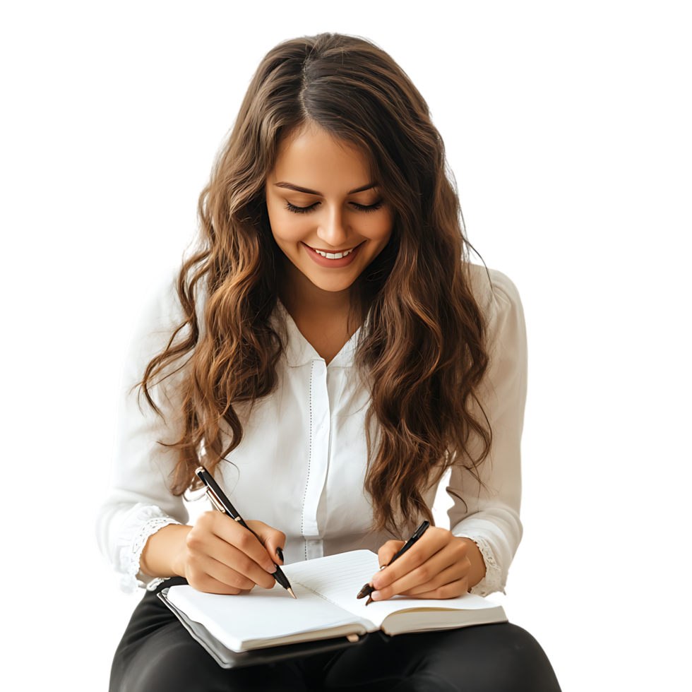 PNG Smiling Woman Writing in Notebook Against Transparent Background