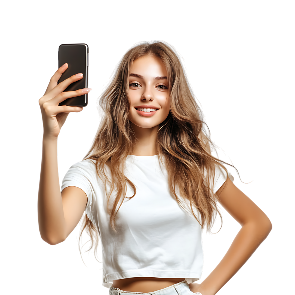 PNG Young Woman Taking a Selfie with a Smartphone Against Transparent Background for Social Media Branding, Influencer Promotions, or Lifestyle Graphics
