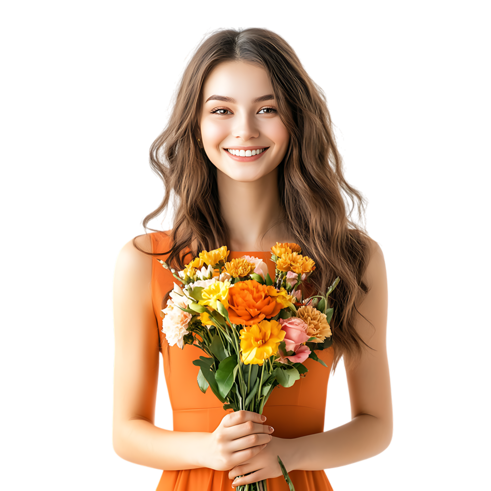 PNG Smiling Woman in Orange Dress Holding Flowers Against Transparent Background