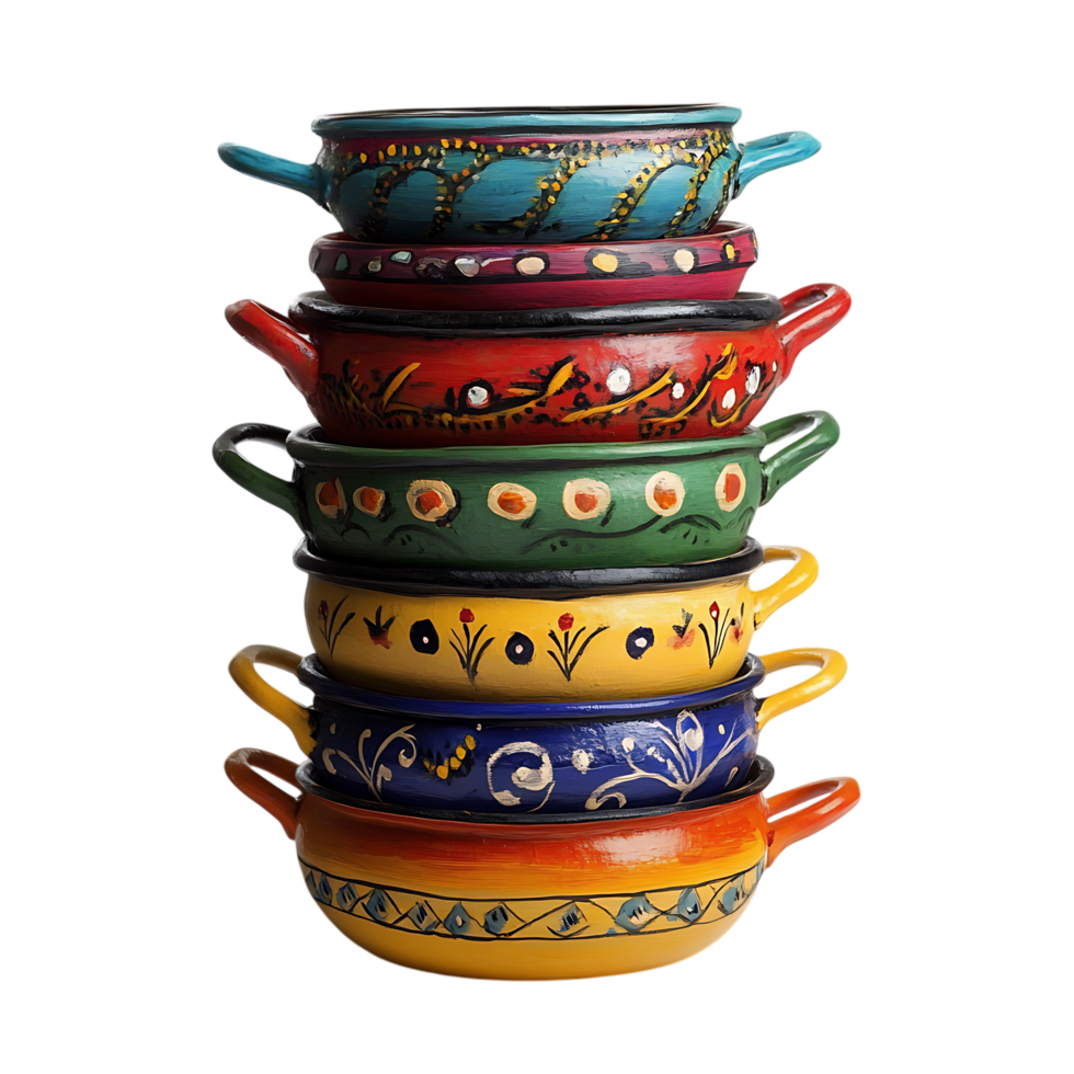 PNG Vibrant Hand-Painted Stacked Pots Against Transparent Background