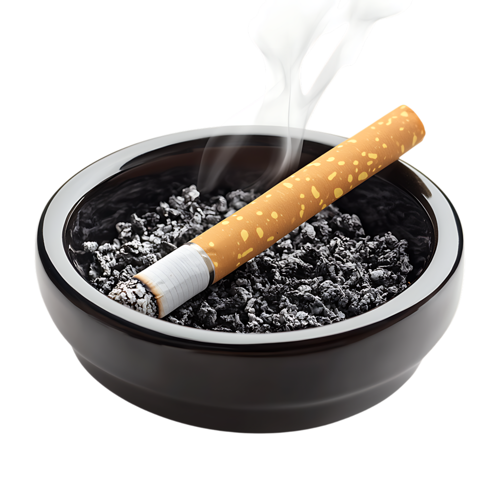 PNG Smoking Cigarette in Ashtray Close-Up Against Transparent Background