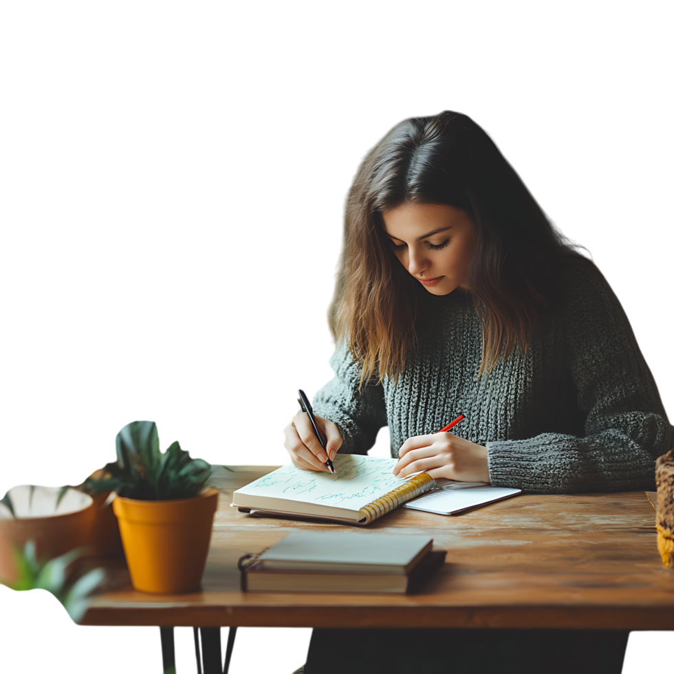 PNG Woman Writing in a Notebook at Desk with Potted Plants Against Transparent Background for Productivity Branding, Study Illustrations, or Office-Themed Graphics