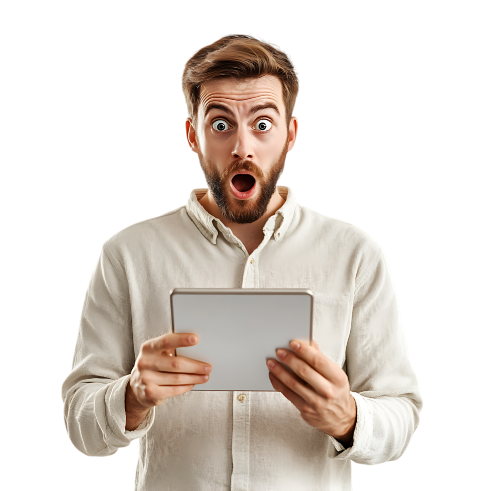 PNG Man Expressing Surprise While Holding a Digital Tablet Against Transparent Background