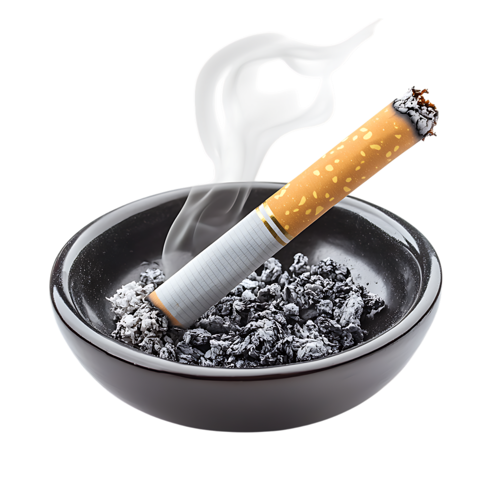 PNG Smoking Cigarette in Ashtray Close-Up Against Transparent Background
