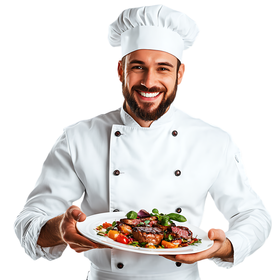 PNG Professional Chef Presenting a Gourmet Dish with a Smile Against Transparent Background
