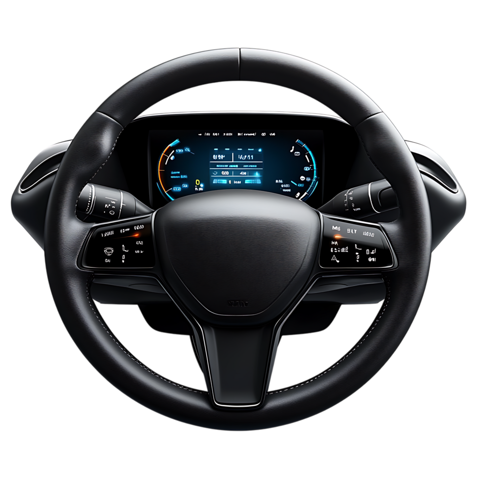 PNG Modern Car Steering Wheel with Digital Dashboard Display, Against Transparent Background