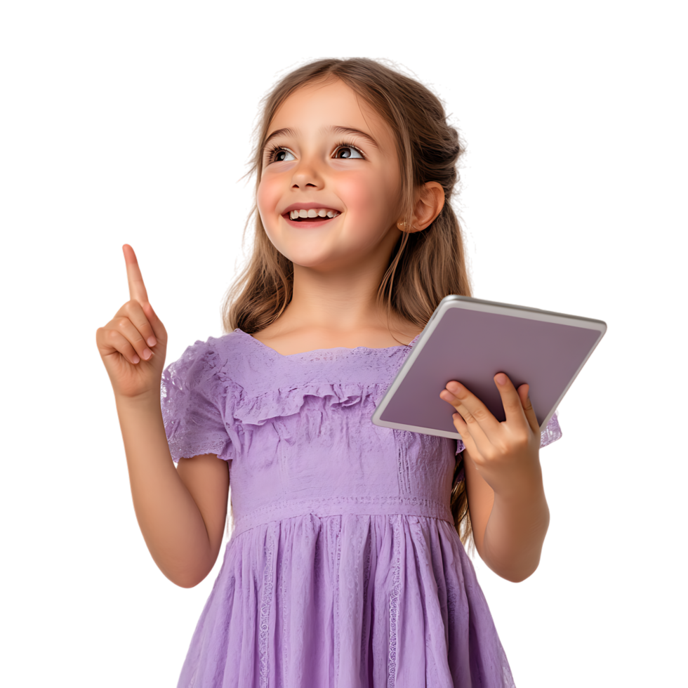 PNG Young Girl in Purple Dress Holding a Tablet and Pointing Against Transparent Background for Education Branding, Tech-Themed Graphics, or Digital Learning Promotions