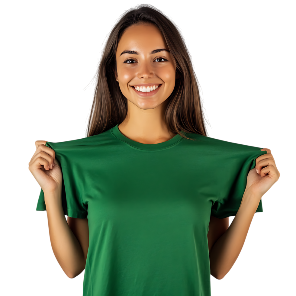 PNG Smiling Woman Holding Green T-Shirt on Hanger Against Transparent Background