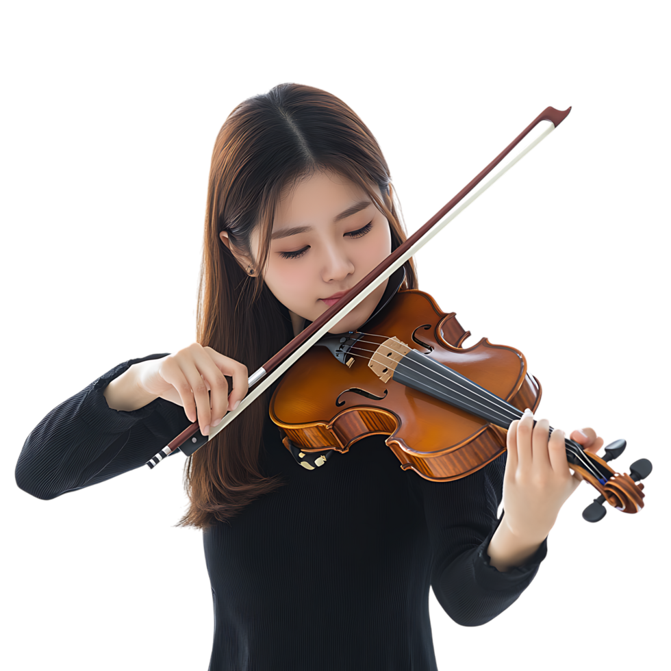 PNG Young Asian Woman Skillfully Playing the Violin in a Studio Against Transparent Background for Music-Themed Graphics, Artistic Promotions, or Classical Branding