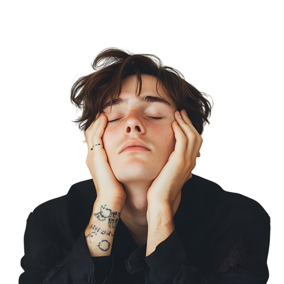PNG Person Feeling Tired and Sleepy Suggesting Exhaustion Against Transparent Background