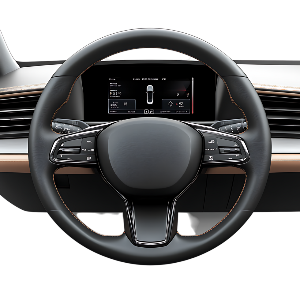 PNG Modern Car Steering Wheel with Digital Dashboard Display, Against Transparent Background