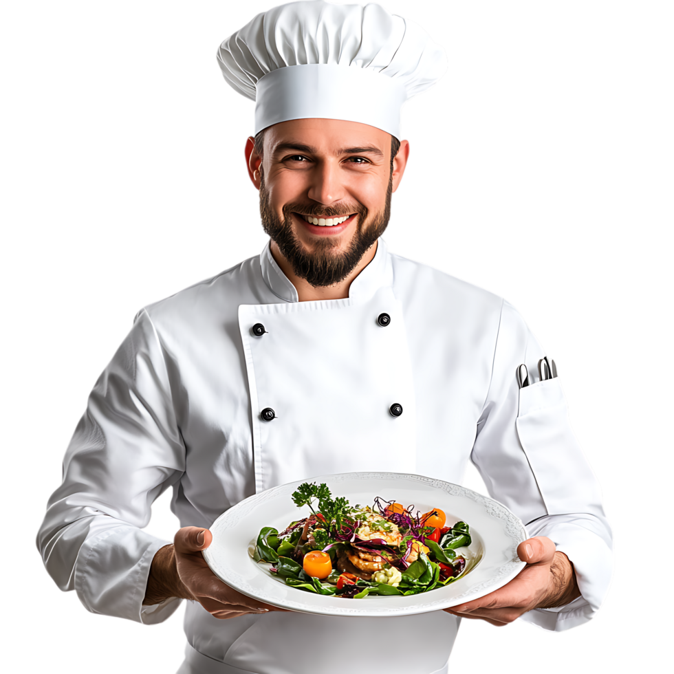 PNG Professional Chef Presenting a Gourmet Dish with a Smile Against Transparent Background