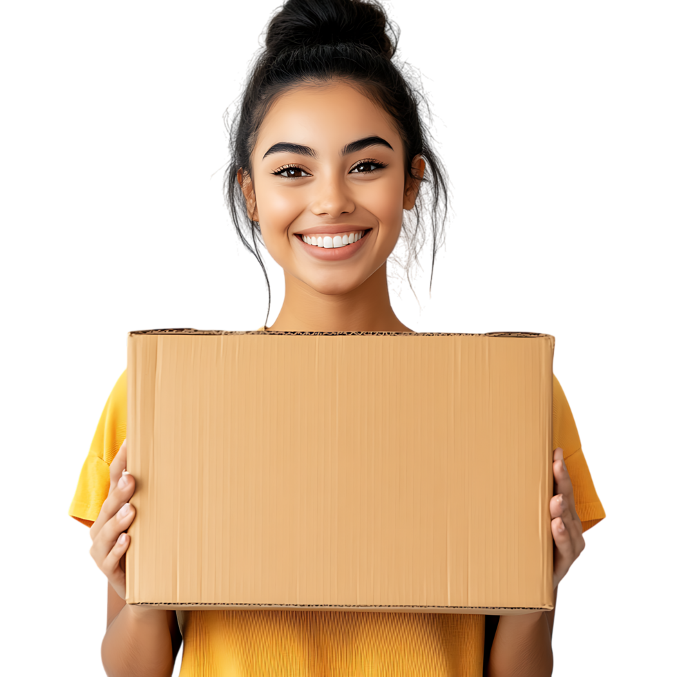 PNG Young Woman Smiling While Holding a Cardboard Box Standing Against Transparent Background for Moving Services Branding, Delivery Promotions, or E-Commerce Graphics