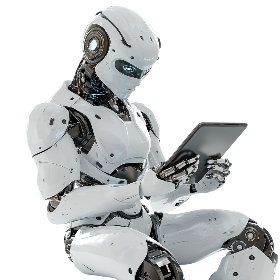 AI Robot Using Tablet 3D Rendering Against White Background png
