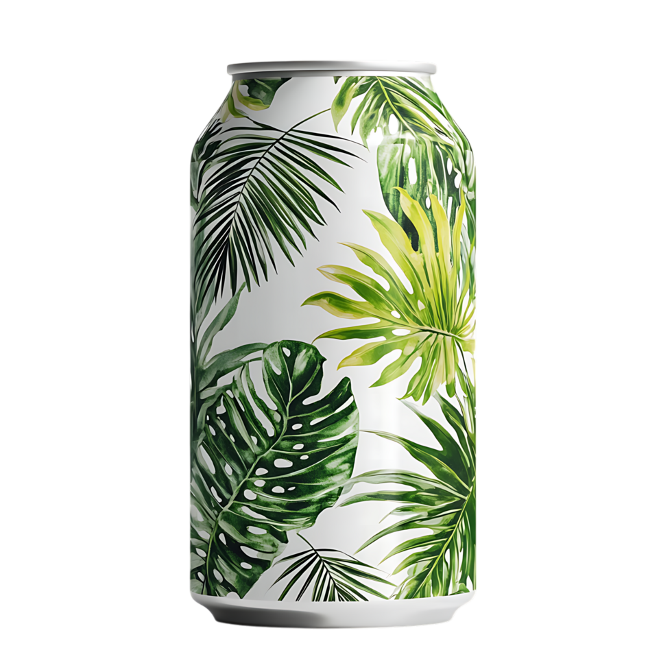 PNG Tropical Palm Leaf Design Aluminum Can Mockup Against Transparent Background