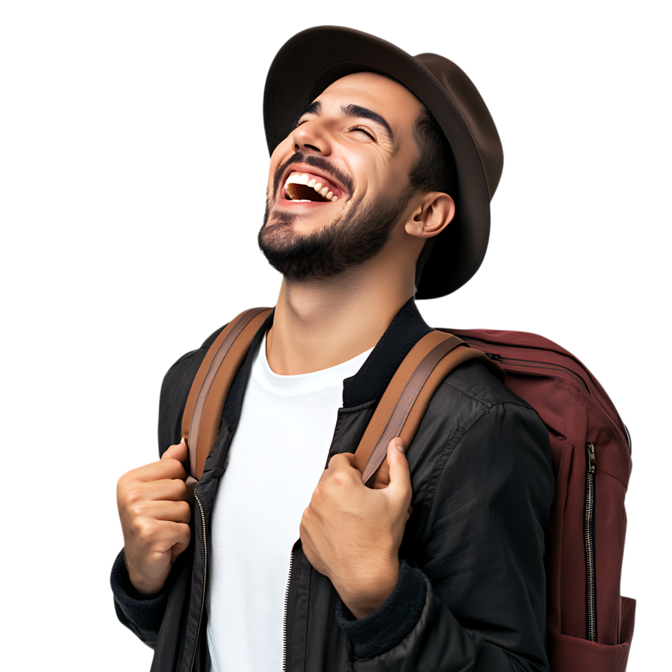 PNG Joyful Young Man with Hat and Backpack Laughing Against Transparent Background