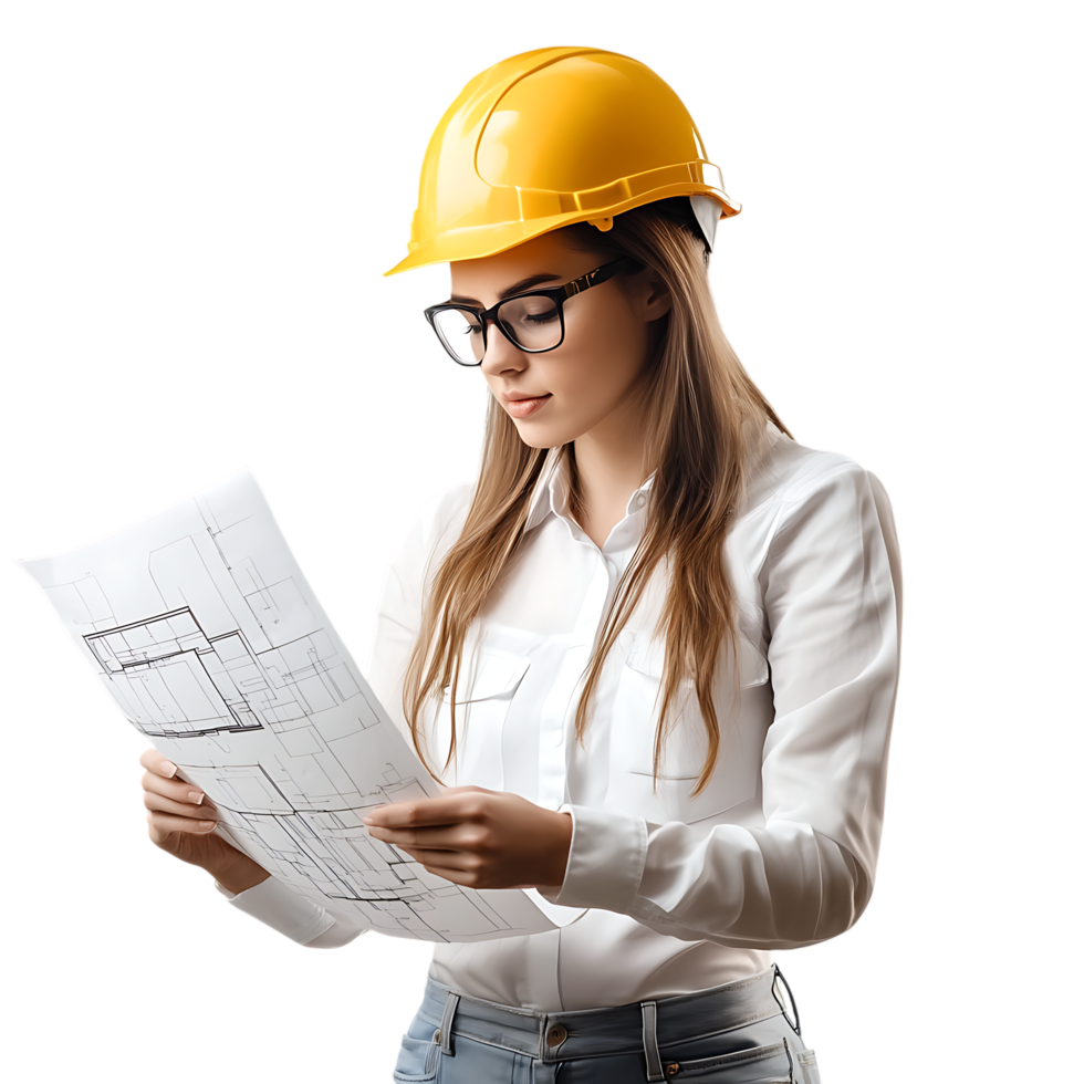 PNG Professional Female Engineer Reviewing Architectural Plans Against Transparent Background