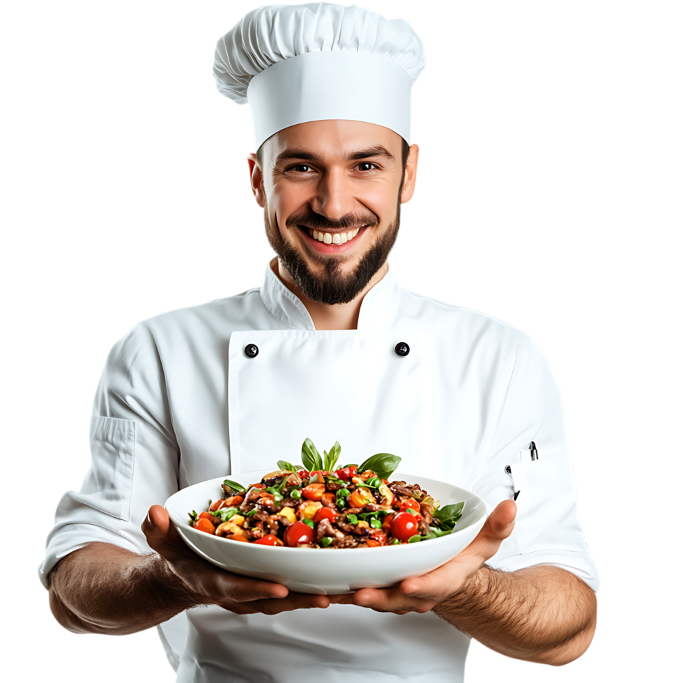 PNG Professional Chef Presenting a Gourmet Dish with a Smile Against Transparent Background