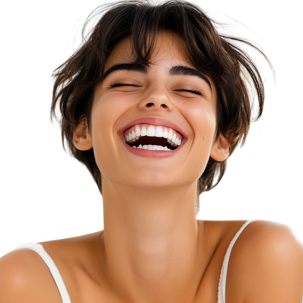 A Woman Smiling and Laughing with a Smile on Her Face Isolated Against White Background png