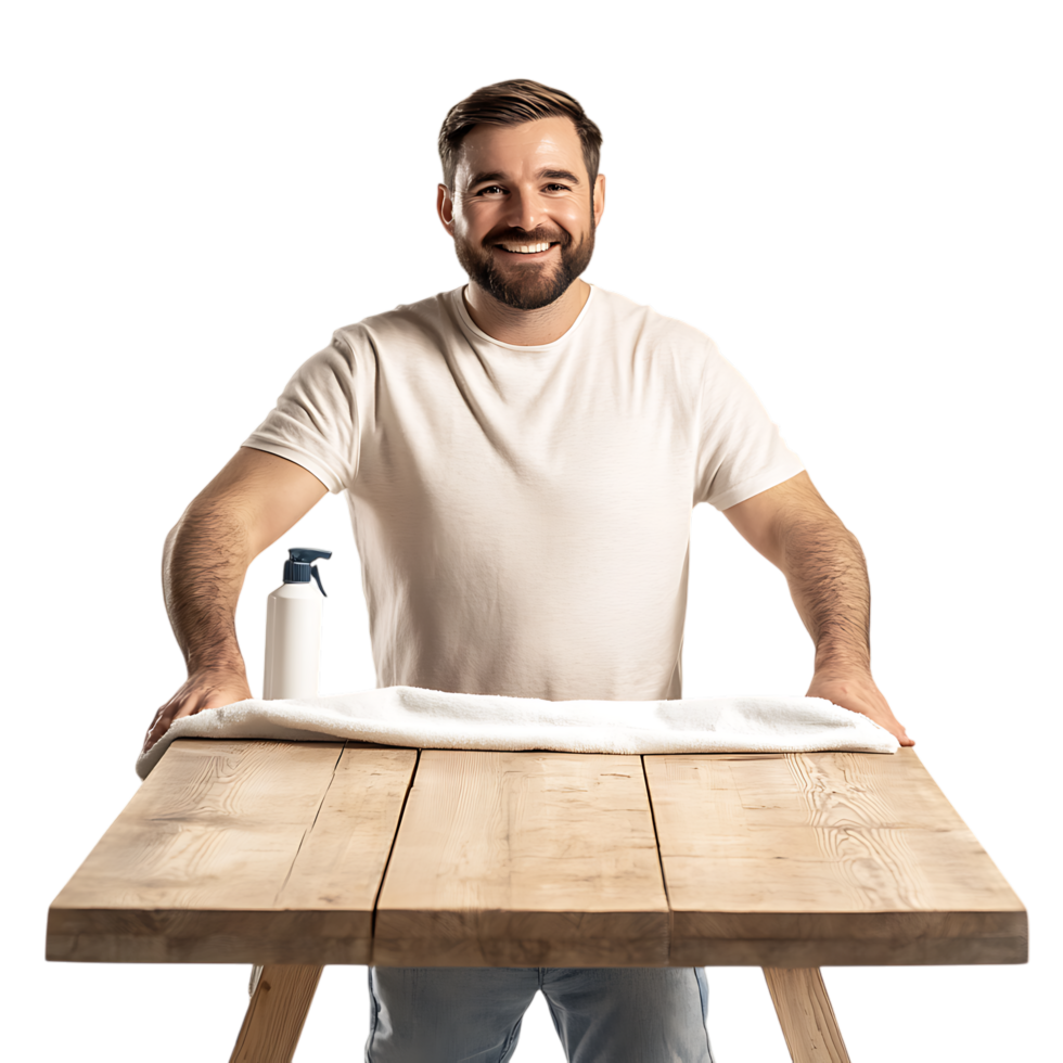 PNG Smiling Man Cleaning Wooden Table with Spray and Cloth Against Transparent Background