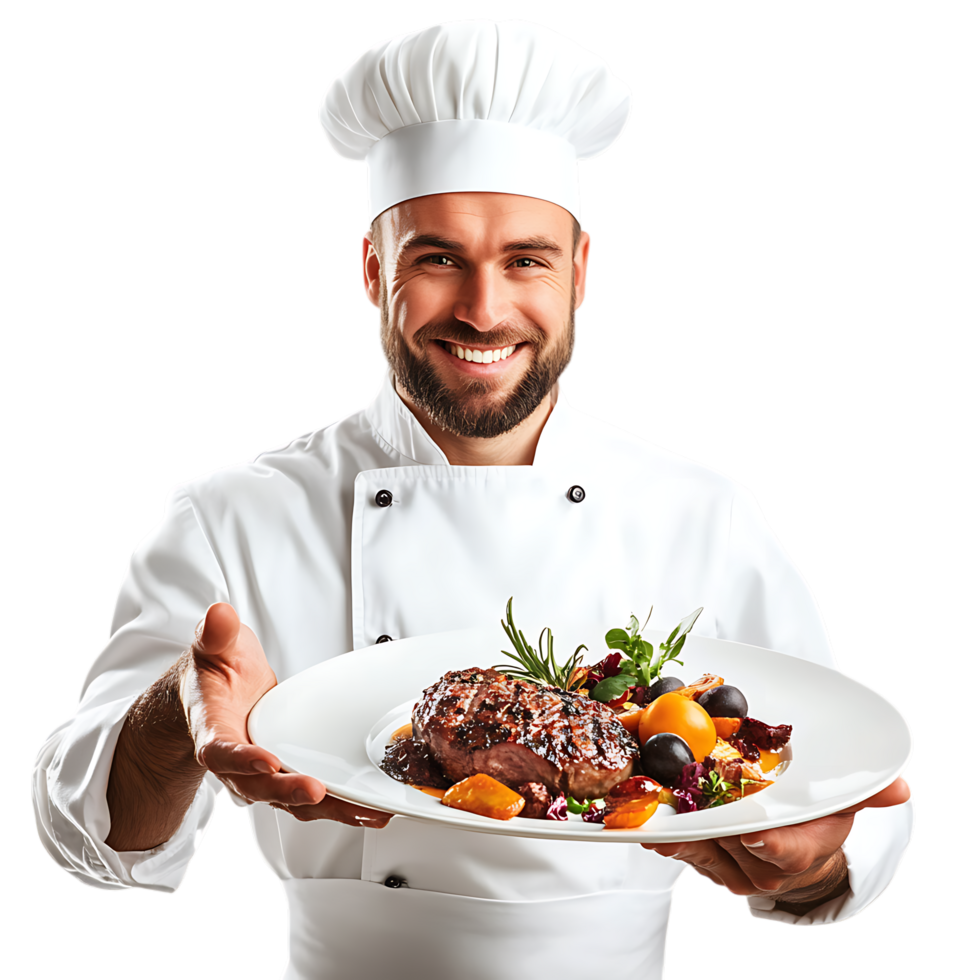 PNG Professional Chef Presenting a Gourmet Dish with a Smile Against Transparent Background