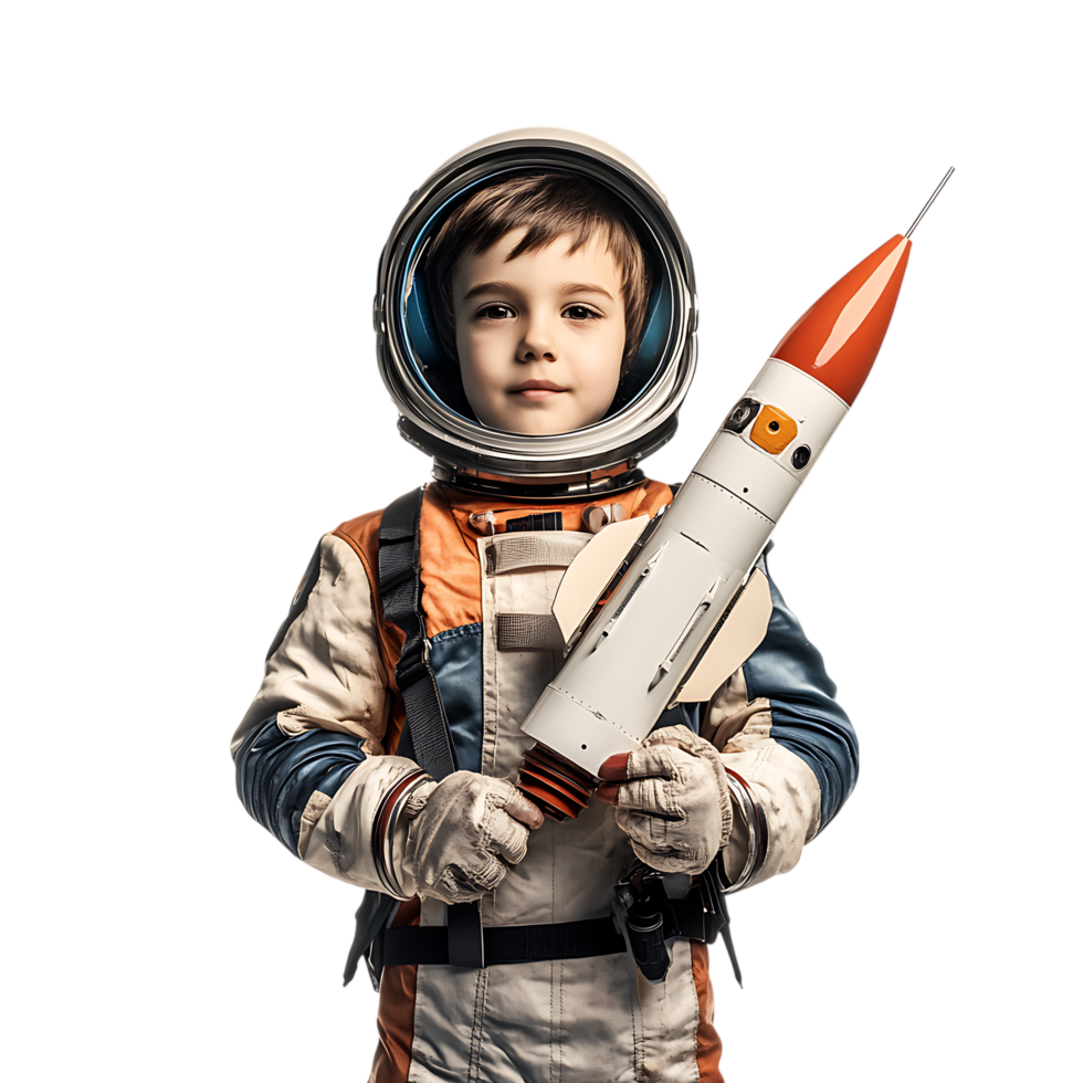 PNG Young Boy in a Space Suit Holding a Model Rocket Against Transparent Background for Space-Themed Designs, STEM Education Branding, or Science Promotions