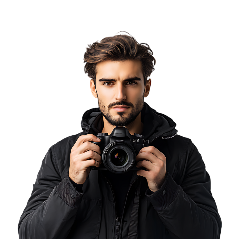 PNG Young Male Photographer with Camera Against Transparent Background for Photography Branding, Creative Industry Promotions, or Media Graphics