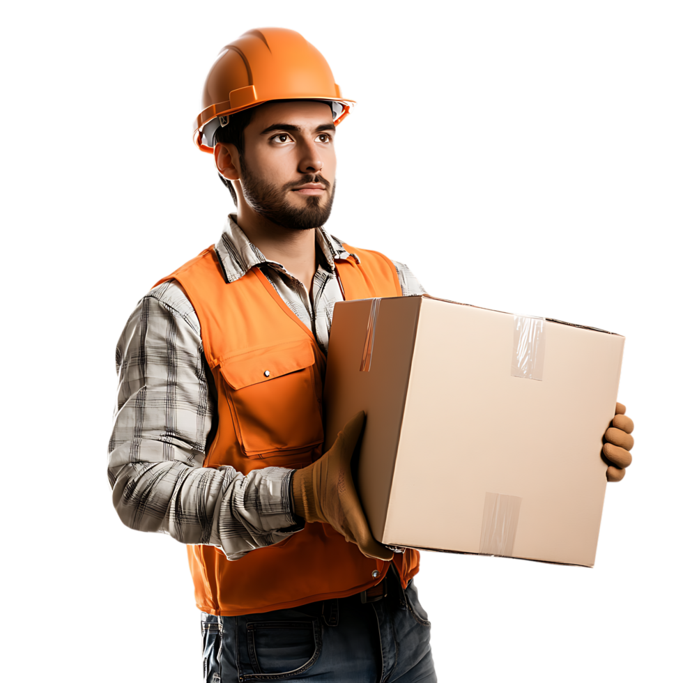PNG Man in a Hard Hat and Casual Work Attire Lifts a Box Against Transparent Background