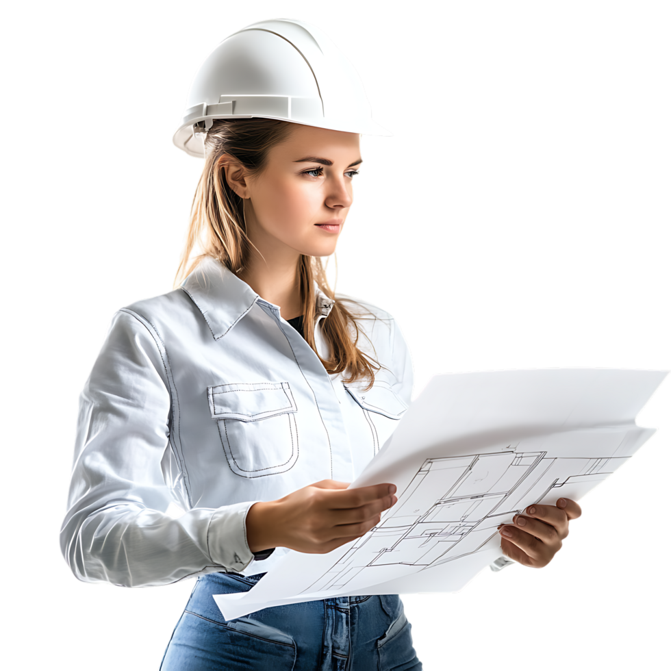 PNG Professional Female Engineer Reviewing Architectural Plans Against Transparent Background