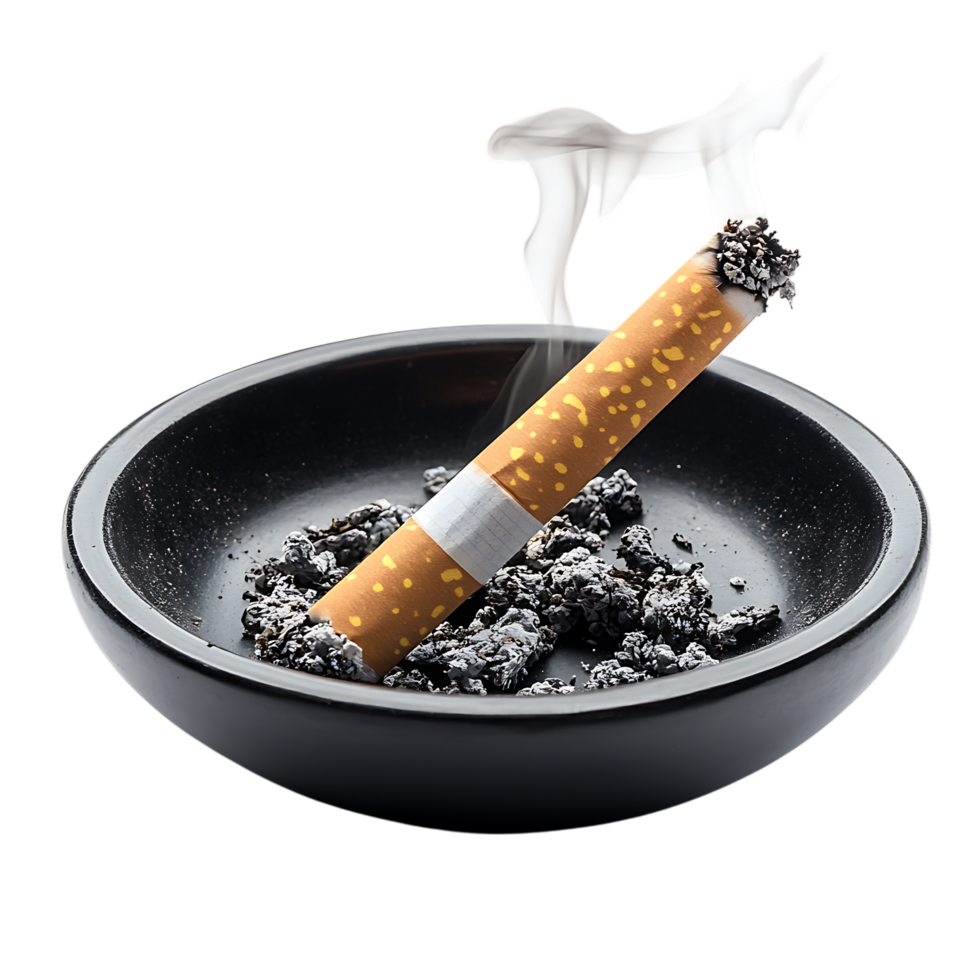 PNG Smoking Cigarette in Ashtray Close-Up Against Transparent Background