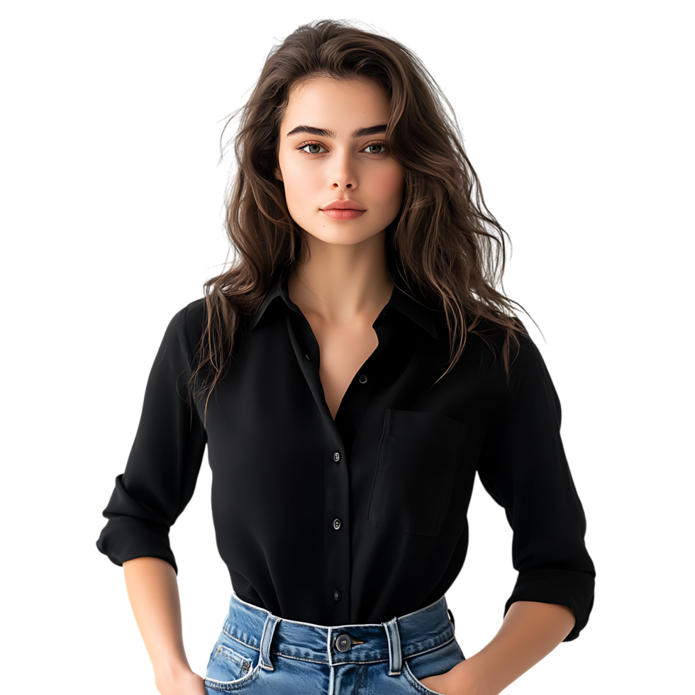 PNG Woman Wearing a Black Shirt and Jeans Against Transparent Background for Fashion Mockups, Apparel Branding, or Casual Outfit Displays
