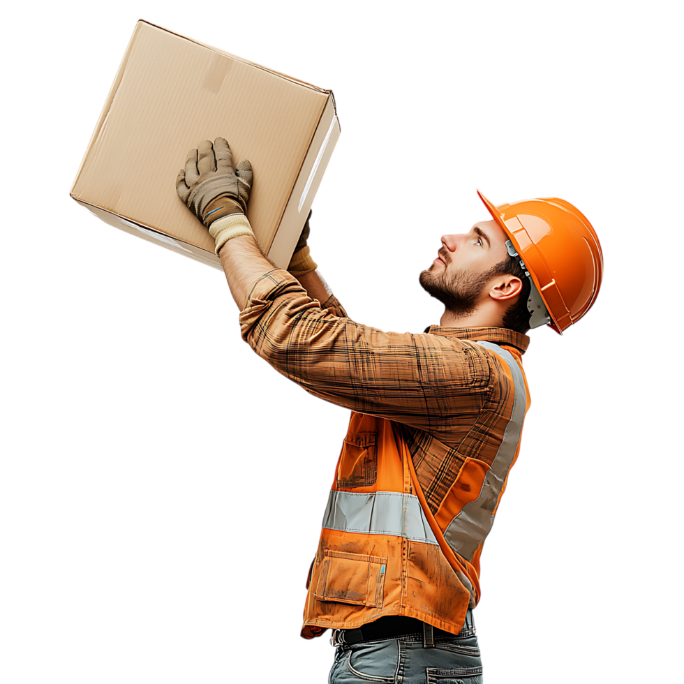 PNG Man in a Hard Hat and Casual Work Attire Lifts a Box Against Transparent Background