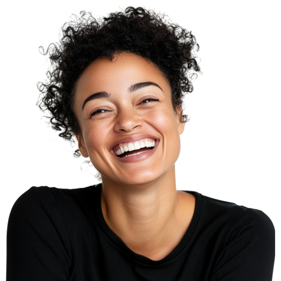 A Woman Smiling and Laughing with a Smile on Her Face Isolated Against White Background png