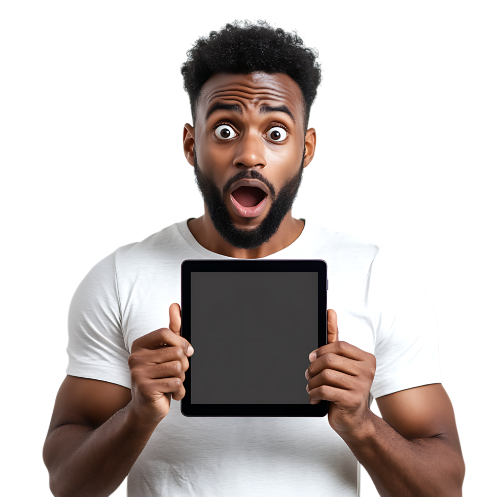 PNG Man Expressing Surprise While Holding a Digital Tablet Against Transparent Background