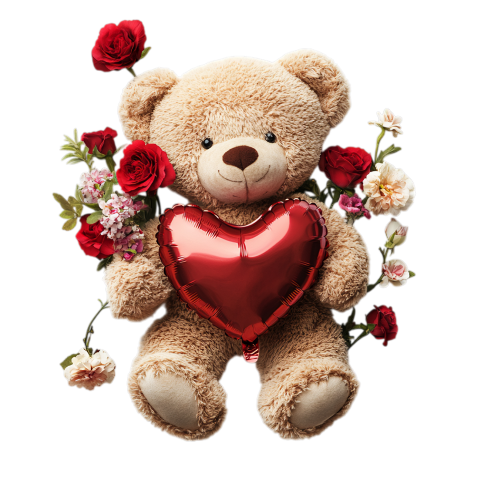 PNG Valentine's Teddy Bear with Heart Balloon and Floral Arrangement Against Transparent Background for Sweet Design Projects