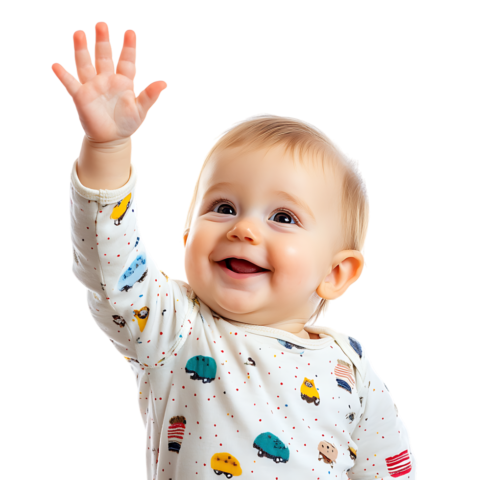 PNG Joyful Baby Raising Hand with a Bright Cheerful Smile Against Transparent Background