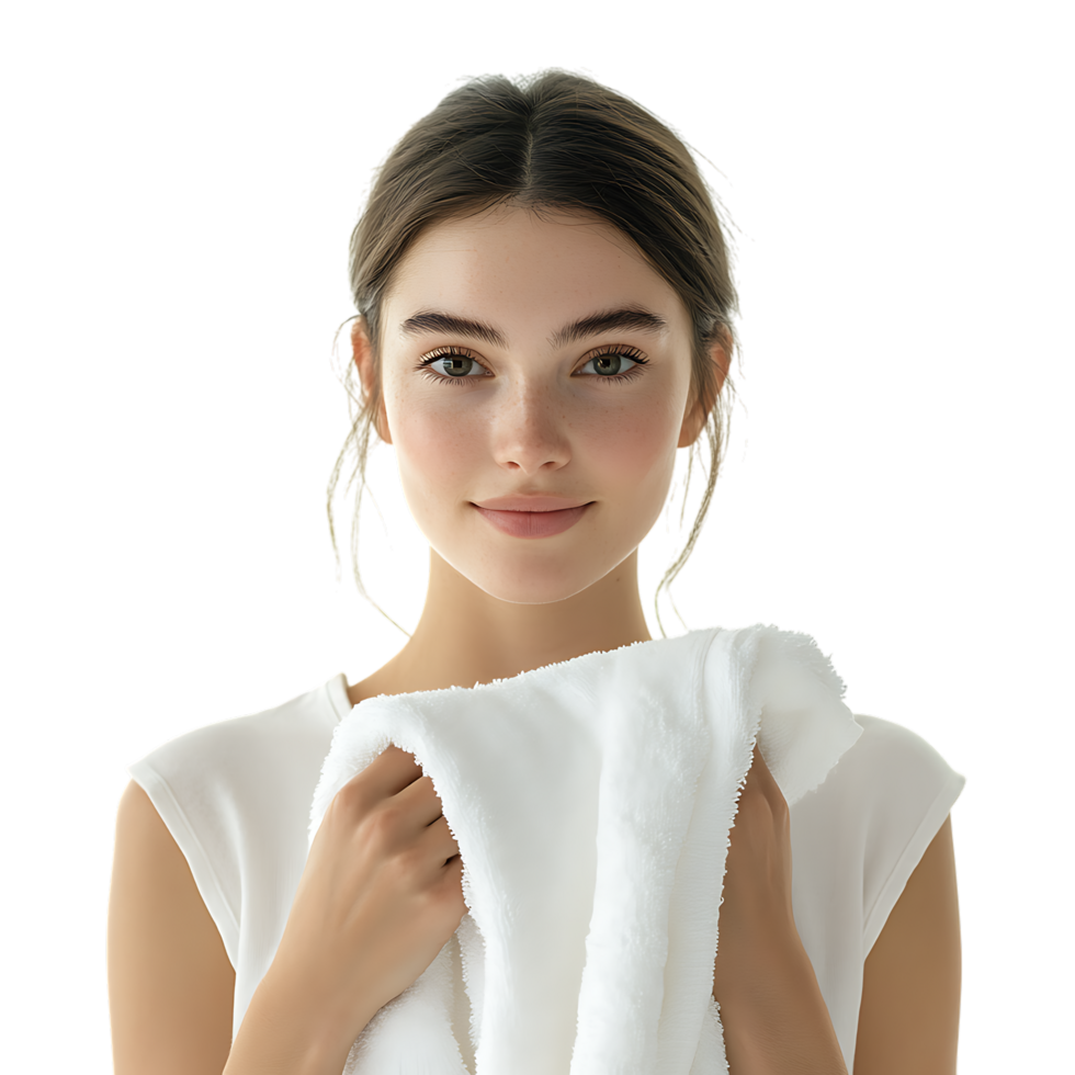 PNG Young Woman Holding Towel Against Transparent Background for Skincare Branding, Wellness Promotions, or Self-Care Graphics