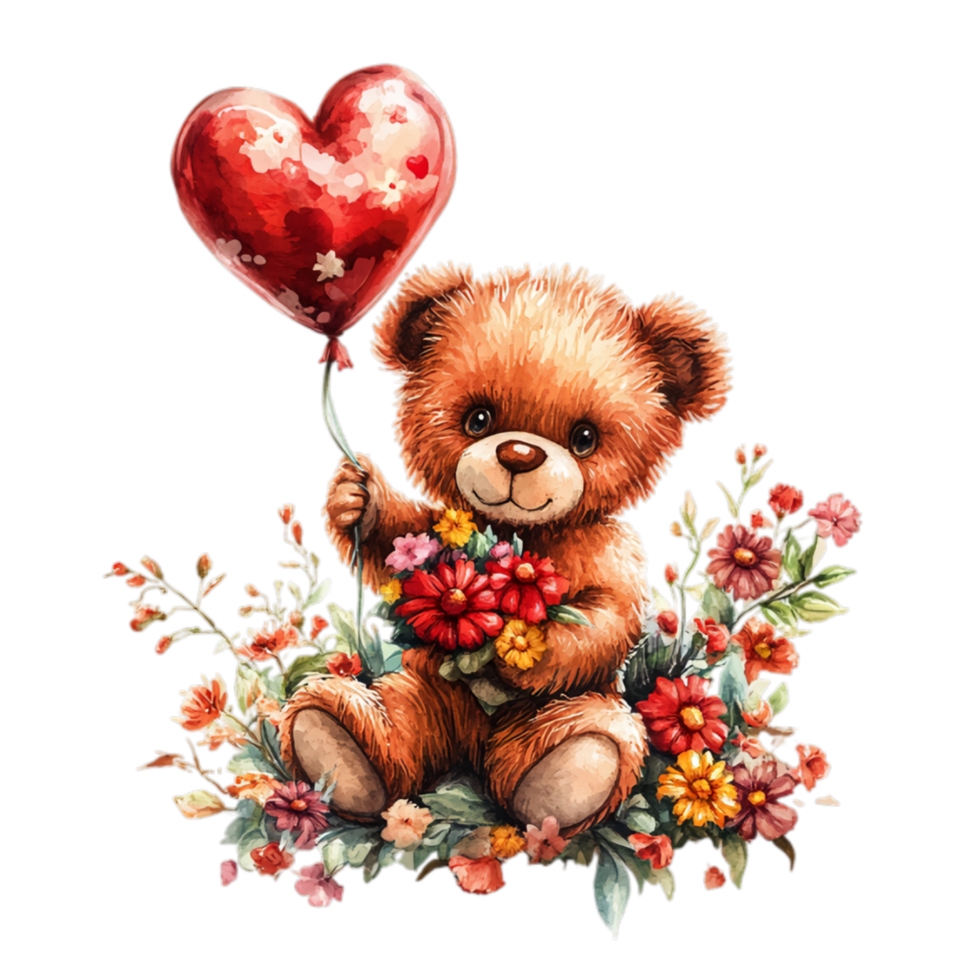 PNG Valentine's Teddy Bear with Heart Balloon and Floral Arrangement Against Transparent Background for Sweet Design Projects