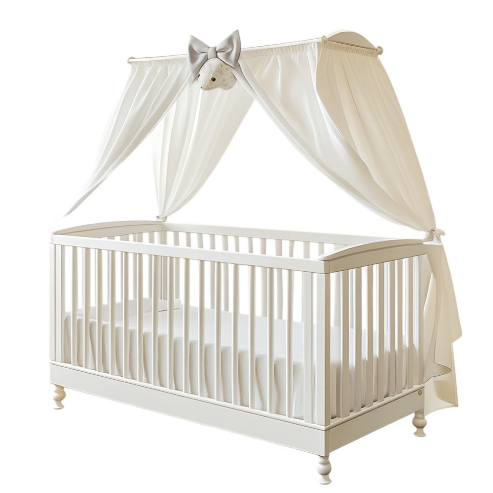 PNG White Baby Crib Nursery Furniture Infant Bedding Cradle Against Transparent Background for Baby Product Branding, Nursery Designs, or Furniture Marketing