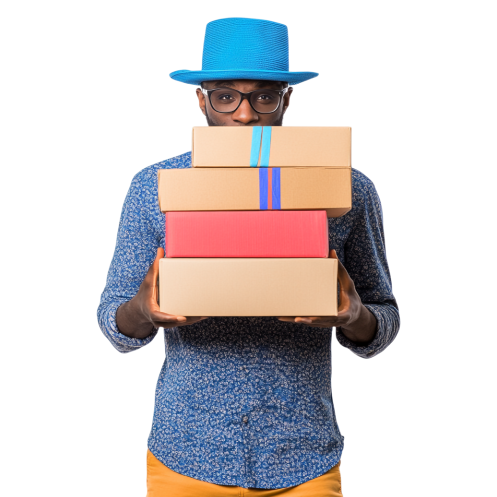 A Man in a Blue Hat Holding Boxes Isolated png