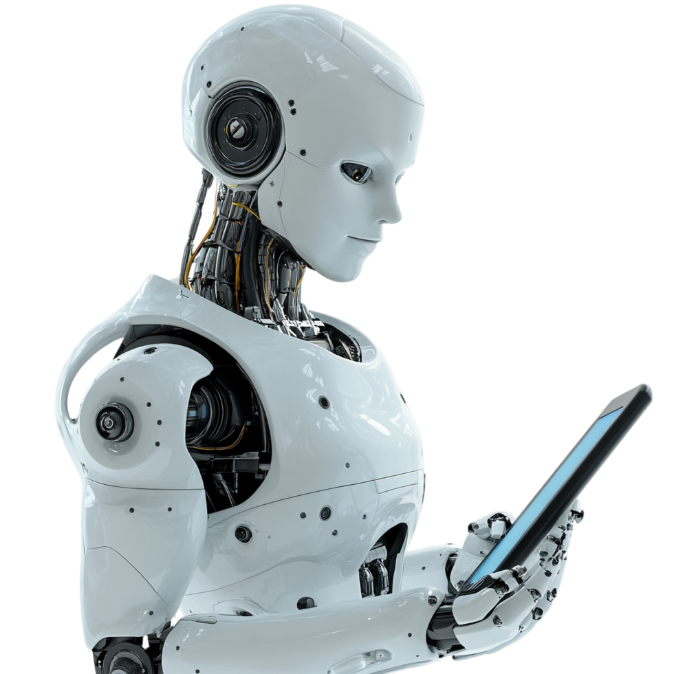 AI Robot Using Tablet 3D Rendering Against White Background png