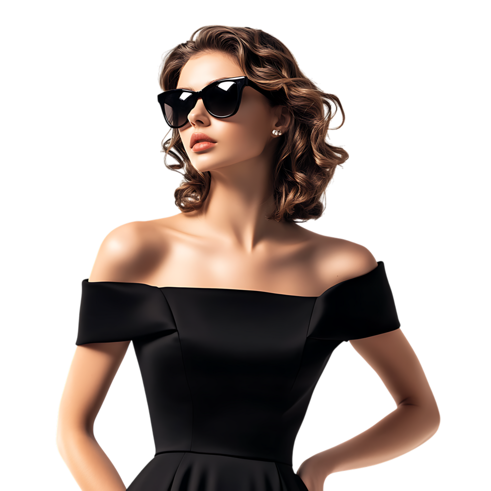 PNG Stylish Woman in Black Dress with Sunglasses Against Transparent Background